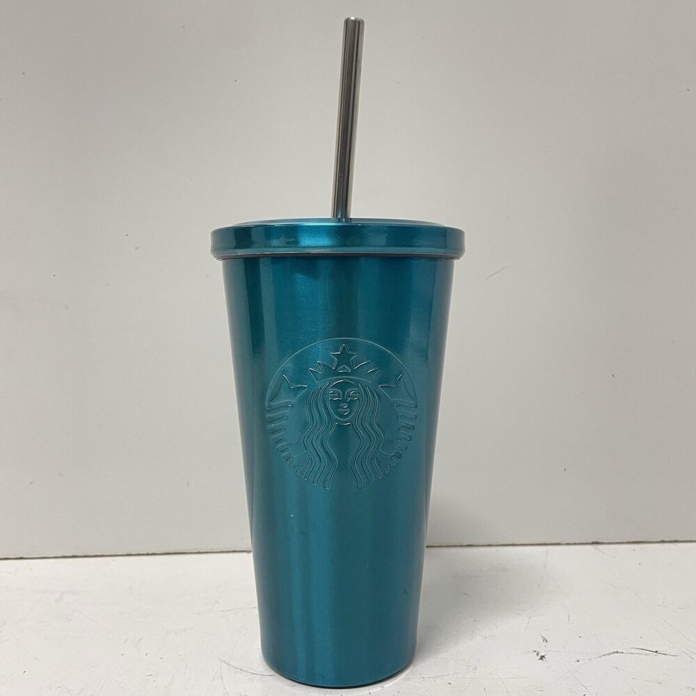 Starbucks 2014 Aqua Turquoise Blue Stainless Steel Tumbler 16oz Tumbler W/ Straw